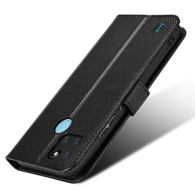 For Realme C21Y/C25Y Diamond Texture Phone Case Cover PU Leather Full Protection Wallet Stand Cell Phone Shell with Strap - Black