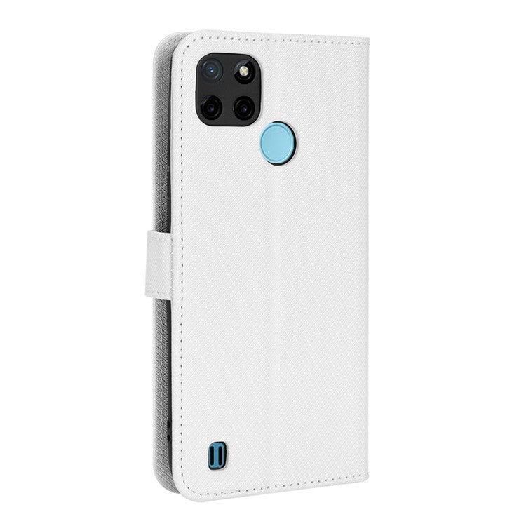 For Realme C21Y/C25Y Diamond Texture Phone Case Cover PU Leather Full Protection Wallet Stand Cell Phone Shell with Strap - White