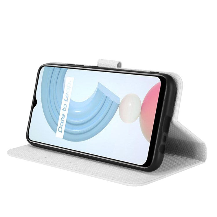 For Realme C21Y/C25Y Diamond Texture Phone Case Cover PU Leather Full Protection Wallet Stand Cell Phone Shell with Strap - White