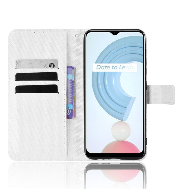 For Realme C21Y/C25Y Diamond Texture Phone Case Cover PU Leather Full Protection Wallet Stand Cell Phone Shell with Strap - White