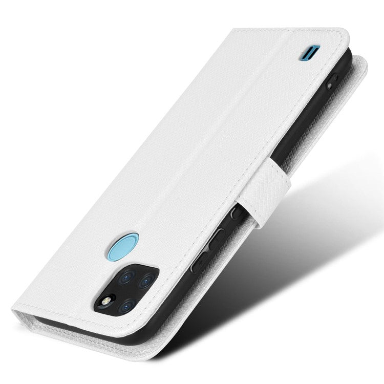 For Realme C21Y/C25Y Diamond Texture Phone Case Cover PU Leather Full Protection Wallet Stand Cell Phone Shell with Strap - White