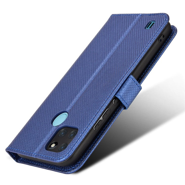 For Realme C21Y/C25Y Diamond Texture Phone Case Cover PU Leather Full Protection Wallet Stand Cell Phone Shell with Strap - Blue