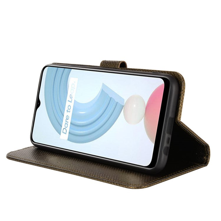 For Realme C21Y/C25Y Diamond Texture Phone Case Cover PU Leather Full Protection Wallet Stand Cell Phone Shell with Strap - Brown