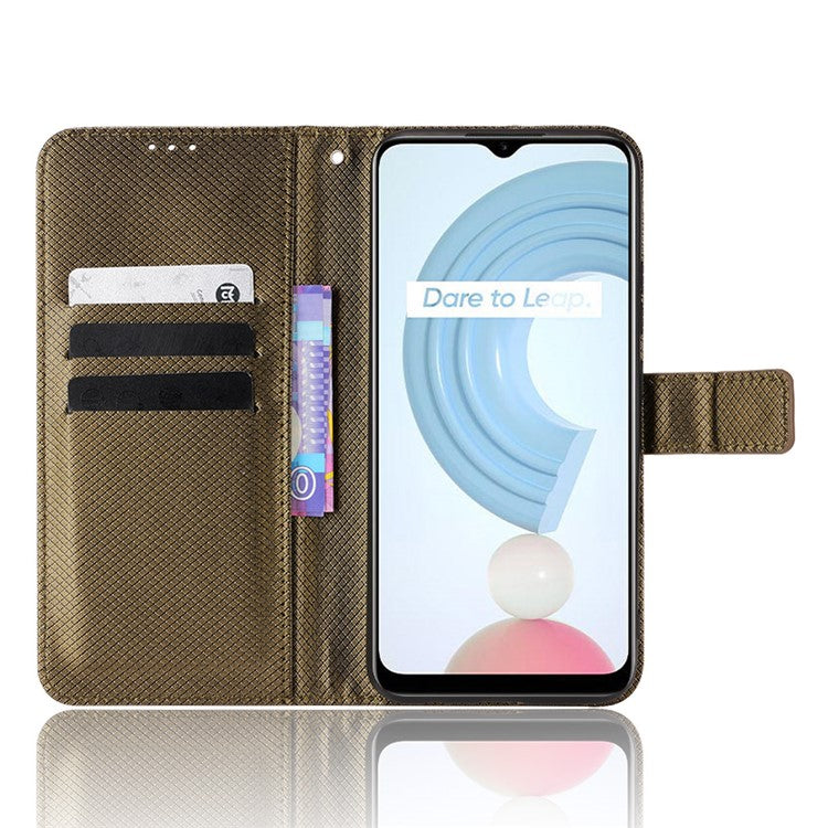 For Realme C21Y/C25Y Diamond Texture Phone Case Cover PU Leather Full Protection Wallet Stand Cell Phone Shell with Strap - Brown
