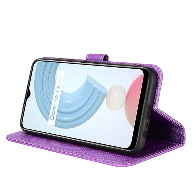 For Realme C21Y/C25Y Diamond Texture Phone Case Cover PU Leather Full Protection Wallet Stand Cell Phone Shell with Strap - Purple