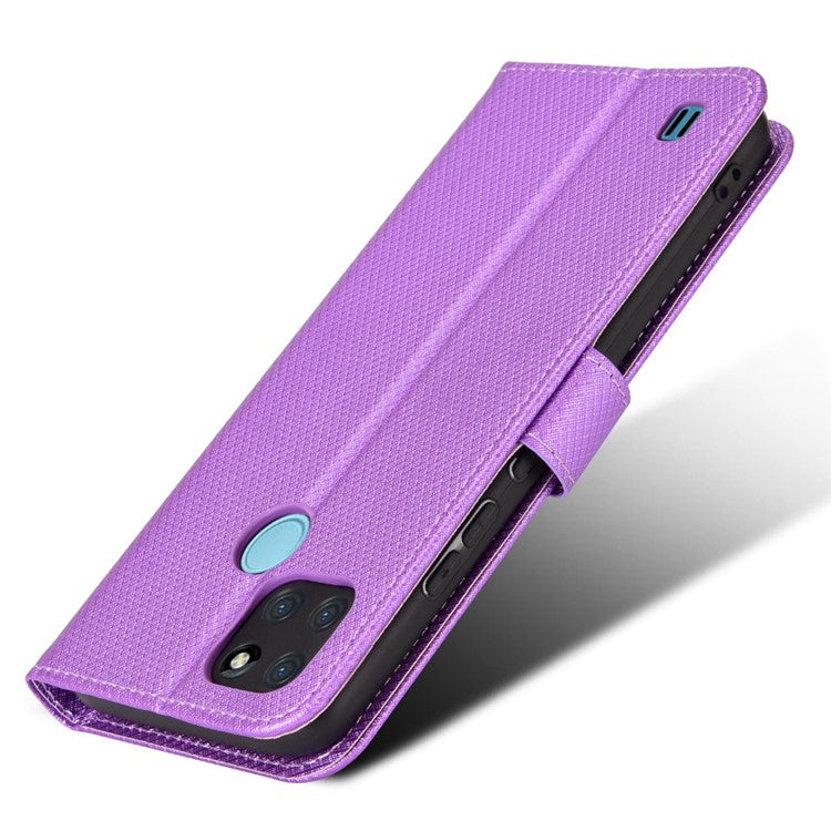For Realme C21Y/C25Y Diamond Texture Phone Case Cover PU Leather Full Protection Wallet Stand Cell Phone Shell with Strap - Purple