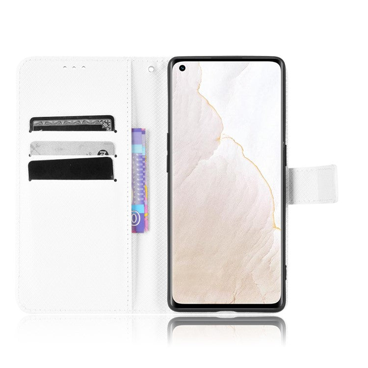 For Realme GT Explorer Master Diamond Texture Phone Case Cover PU Leather Wallet Viewing Stand Cell Phone Shell with Strap - White