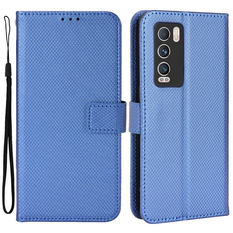 For Realme GT Explorer Master Diamond Texture Phone Case Cover PU Leather Wallet Viewing Stand Cell Phone Shell with Strap - Blue