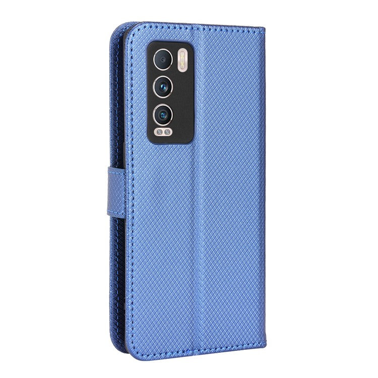 For Realme GT Explorer Master Diamond Texture Phone Case Cover PU Leather Wallet Viewing Stand Cell Phone Shell with Strap - Blue