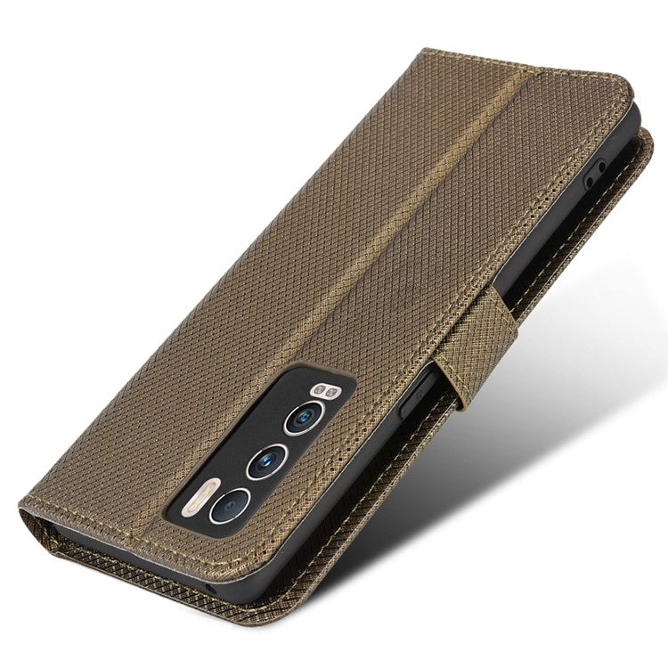 For Realme GT Explorer Master Diamond Texture Phone Case Cover PU Leather Wallet Viewing Stand Cell Phone Shell with Strap - Brown