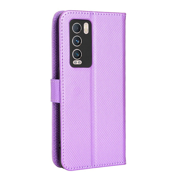 For Realme GT Explorer Master Diamond Texture Phone Case Cover PU Leather Wallet Viewing Stand Cell Phone Shell with Strap - Purple