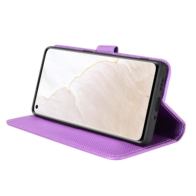 For Realme GT Explorer Master Diamond Texture Phone Case Cover PU Leather Wallet Viewing Stand Cell Phone Shell with Strap - Purple
