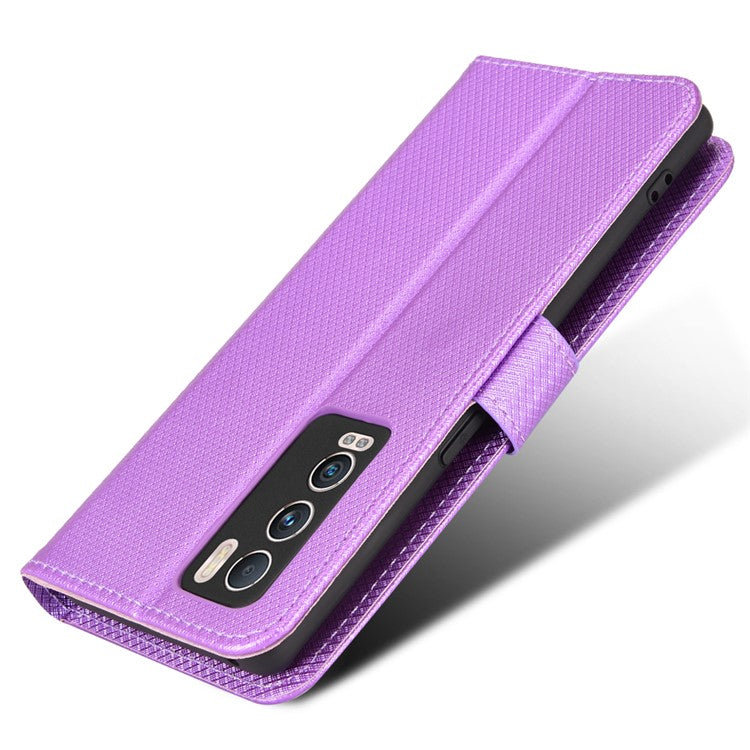 For Realme GT Explorer Master Diamond Texture Phone Case Cover PU Leather Wallet Viewing Stand Cell Phone Shell with Strap - Purple