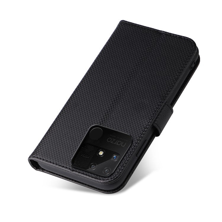 For Realme Narzo 50A Phone Case Cover Diamond Texture PU Leather Wallet Stand Cell Phone Shell with Strap - Black
