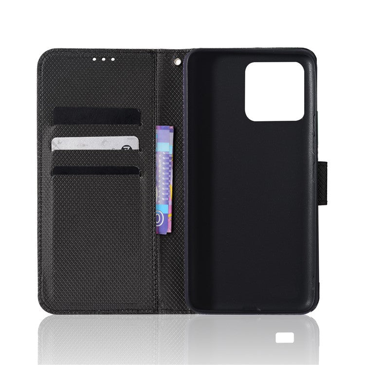 For Realme Narzo 50A Phone Case Cover Diamond Texture PU Leather Wallet Stand Cell Phone Shell with Strap - Black