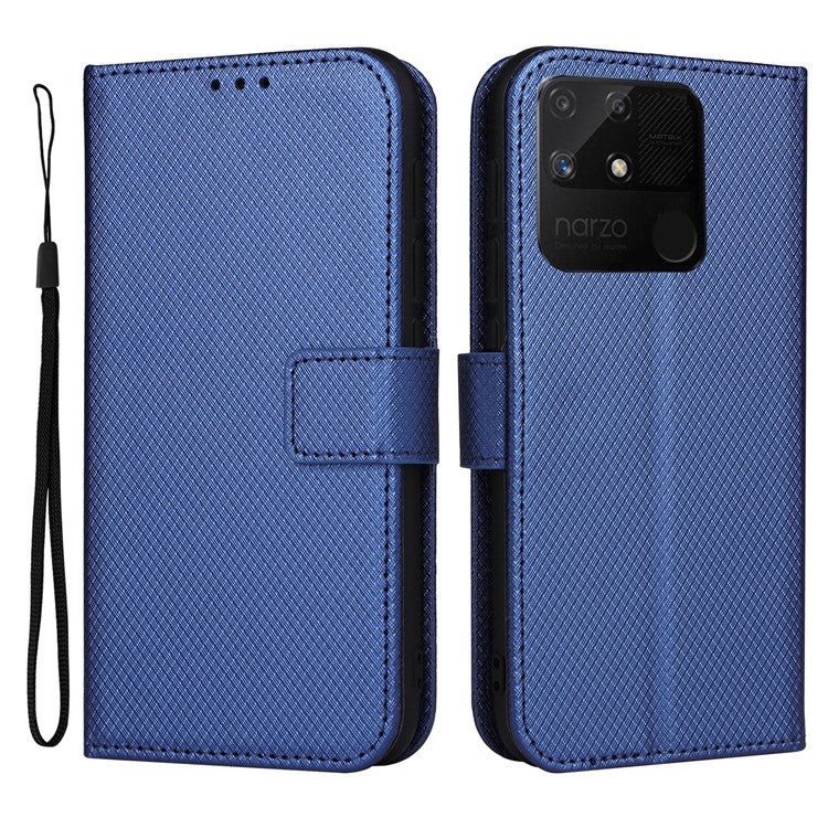 For Realme Narzo 50A Phone Case Cover Diamond Texture PU Leather Wallet Stand Cell Phone Shell with Strap - Blue