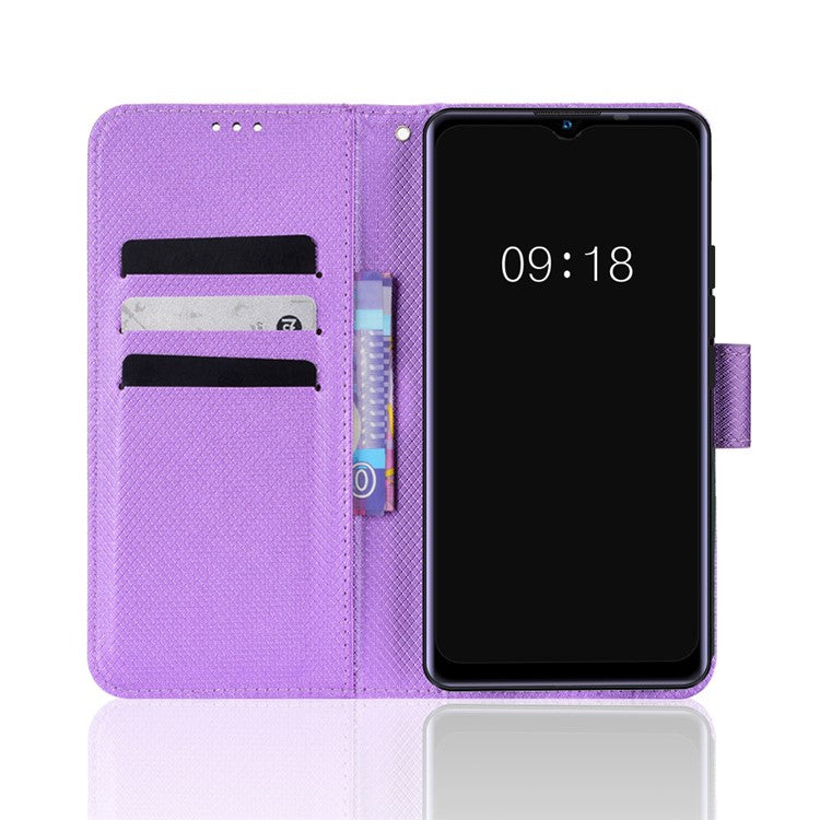 For Realme Narzo 50A Phone Case Cover Diamond Texture PU Leather Wallet Stand Cell Phone Shell with Strap - Purple