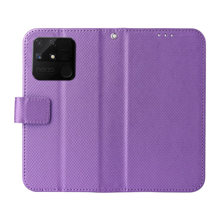 For Realme Narzo 50A Phone Case Cover Diamond Texture PU Leather Wallet Stand Cell Phone Shell with Strap - Purple