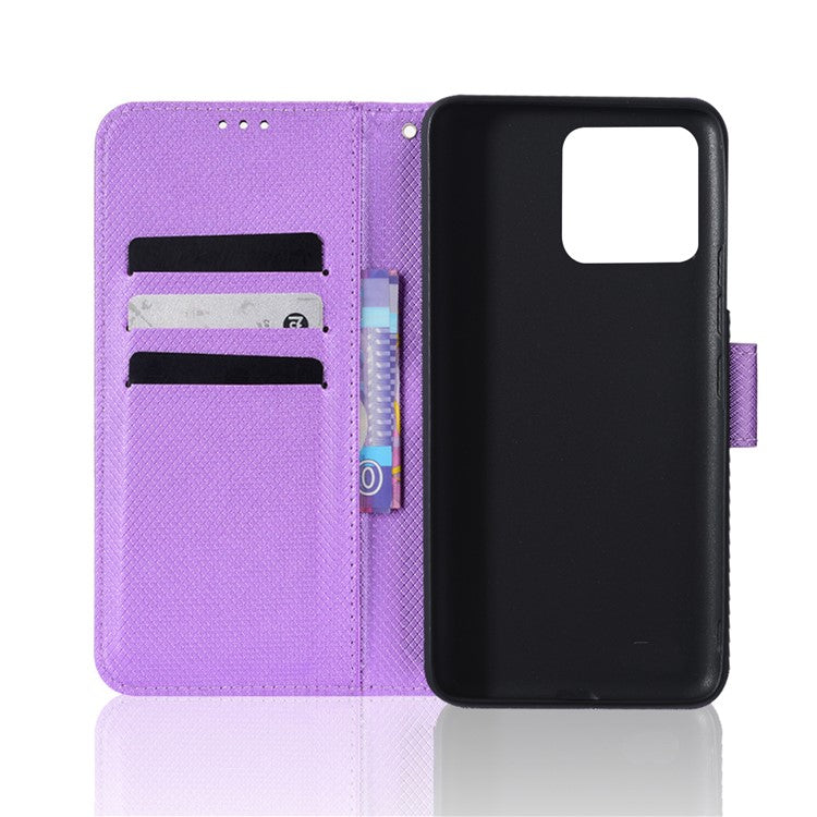 For Realme Narzo 50A Phone Case Cover Diamond Texture PU Leather Wallet Stand Cell Phone Shell with Strap - Purple
