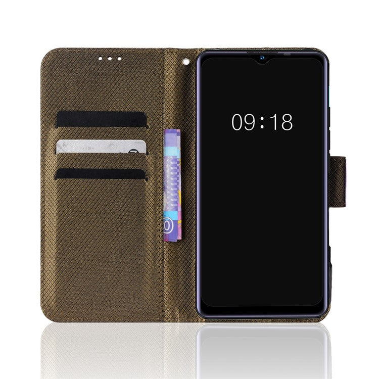 For Realme Narzo 50A Phone Case Cover Diamond Texture PU Leather Wallet Stand Cell Phone Shell with Strap - Brown