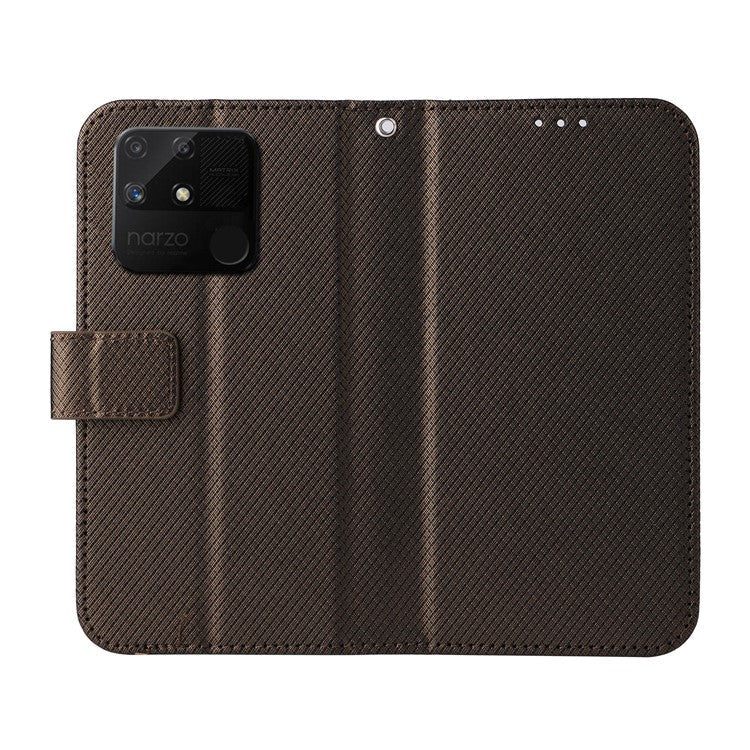 For Realme Narzo 50A Phone Case Cover Diamond Texture PU Leather Wallet Stand Cell Phone Shell with Strap - Brown