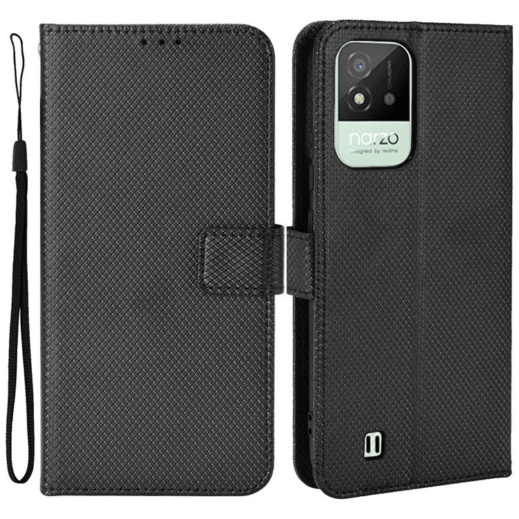For Realme Narzo 50i PU Leather Wallet Diamond Texture Stand Cover Shockproof Cell Phone Case with Strap - Black