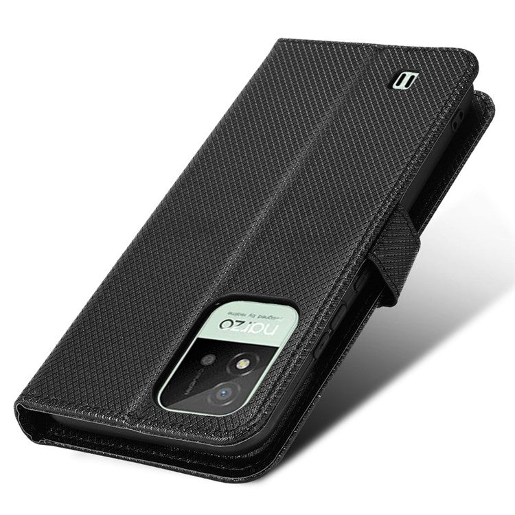 For Realme Narzo 50i PU Leather Wallet Diamond Texture Stand Cover Shockproof Cell Phone Case with Strap - Black