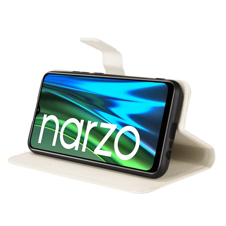 For Realme Narzo 50i PU Leather Wallet Diamond Texture Stand Cover Shockproof Cell Phone Case with Strap - White