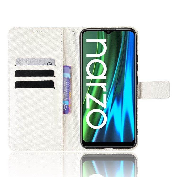 For Realme Narzo 50i PU Leather Wallet Diamond Texture Stand Cover Shockproof Cell Phone Case with Strap - White