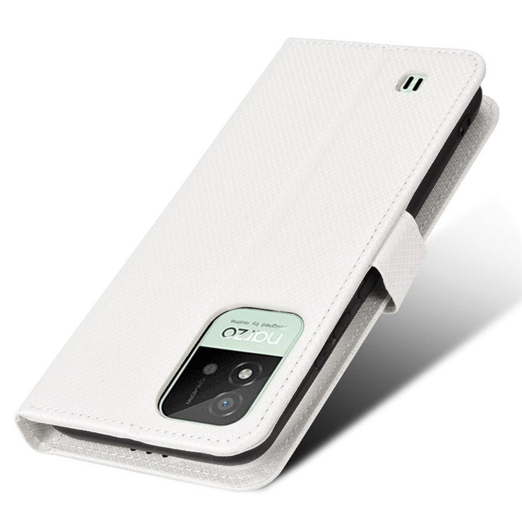 For Realme Narzo 50i PU Leather Wallet Diamond Texture Stand Cover Shockproof Cell Phone Case with Strap - White