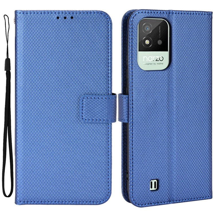 For Realme Narzo 50i PU Leather Wallet Diamond Texture Stand Cover Shockproof Cell Phone Case with Strap - Blue