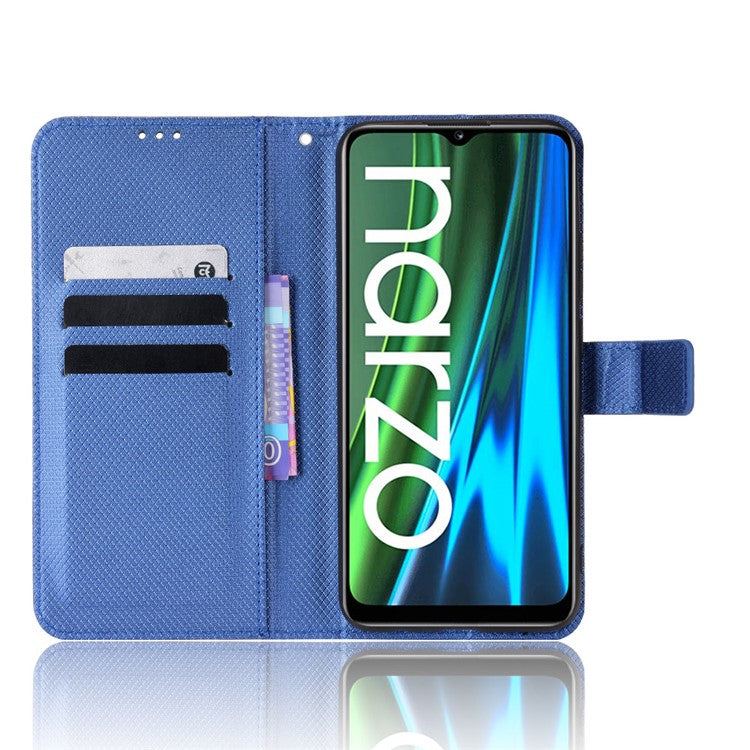 For Realme Narzo 50i PU Leather Wallet Diamond Texture Stand Cover Shockproof Cell Phone Case with Strap - Blue