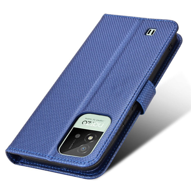For Realme Narzo 50i PU Leather Wallet Diamond Texture Stand Cover Shockproof Cell Phone Case with Strap - Blue