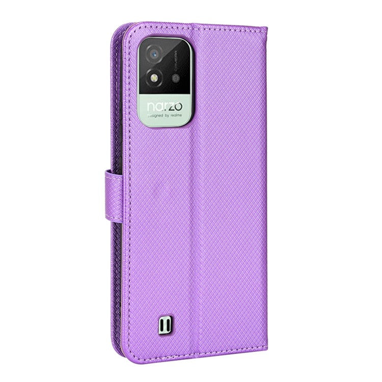 For Realme Narzo 50i PU Leather Wallet Diamond Texture Stand Cover Shockproof Cell Phone Case with Strap - Purple