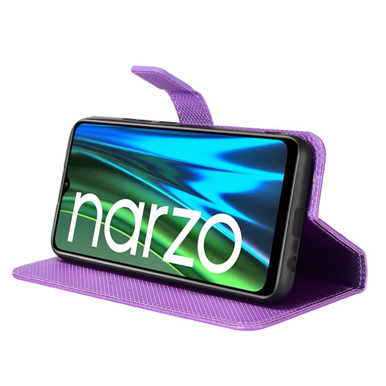 For Realme Narzo 50i PU Leather Wallet Diamond Texture Stand Cover Shockproof Cell Phone Case with Strap - Purple