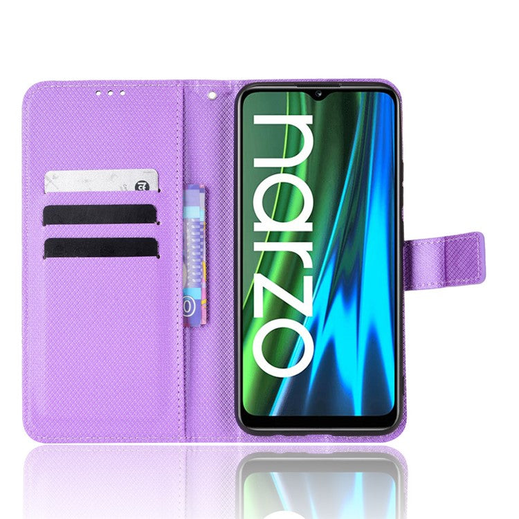 For Realme Narzo 50i PU Leather Wallet Diamond Texture Stand Cover Shockproof Cell Phone Case with Strap - Purple