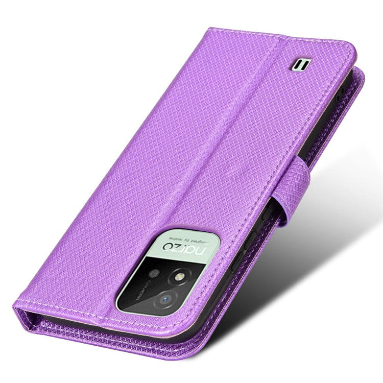 For Realme Narzo 50i PU Leather Wallet Diamond Texture Stand Cover Shockproof Cell Phone Case with Strap - Purple