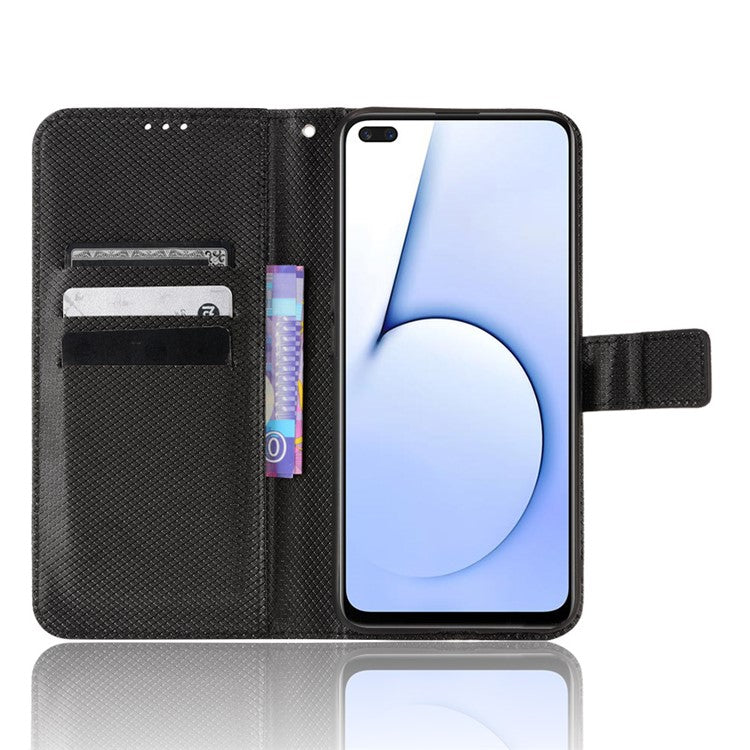 For Realme X50 5G/Realme X3 Diamond Texture Phone Case Cover Shockproof PU Leather Wallet Stand Cell Phone Shell with Strap - Black