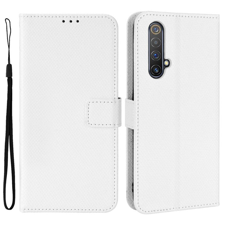 For Realme X50 5G/Realme X3 Diamond Texture Phone Case Cover Shockproof PU Leather Wallet Stand Cell Phone Shell with Strap - White