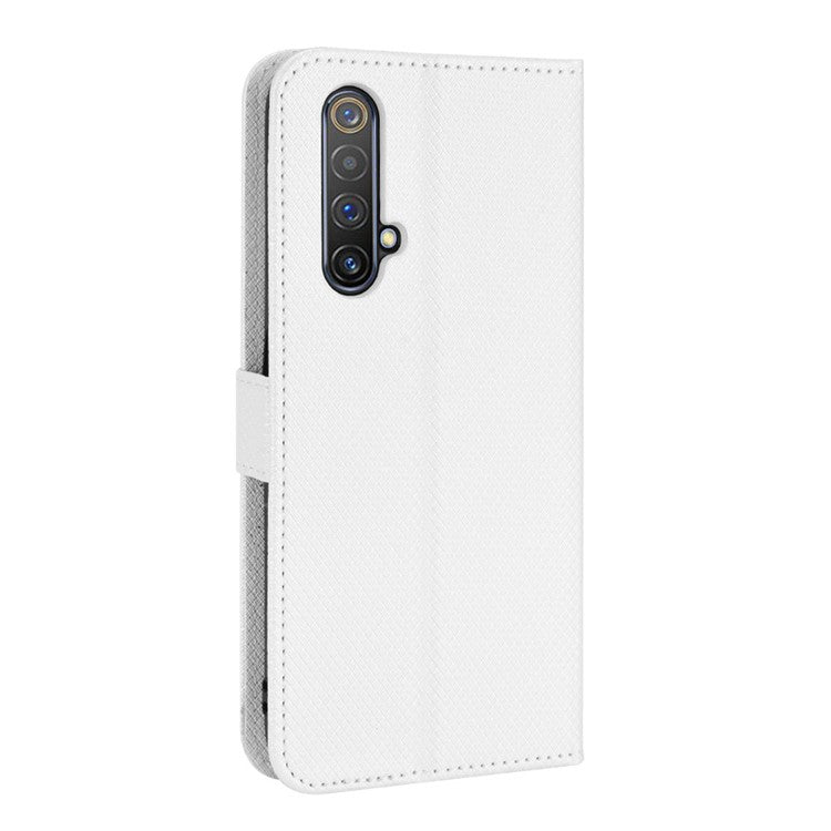 For Realme X50 5G/Realme X3 Diamond Texture Phone Case Cover Shockproof PU Leather Wallet Stand Cell Phone Shell with Strap - White