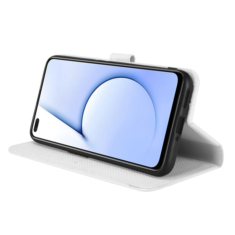 For Realme X50 5G/Realme X3 Diamond Texture Phone Case Cover Shockproof PU Leather Wallet Stand Cell Phone Shell with Strap - White