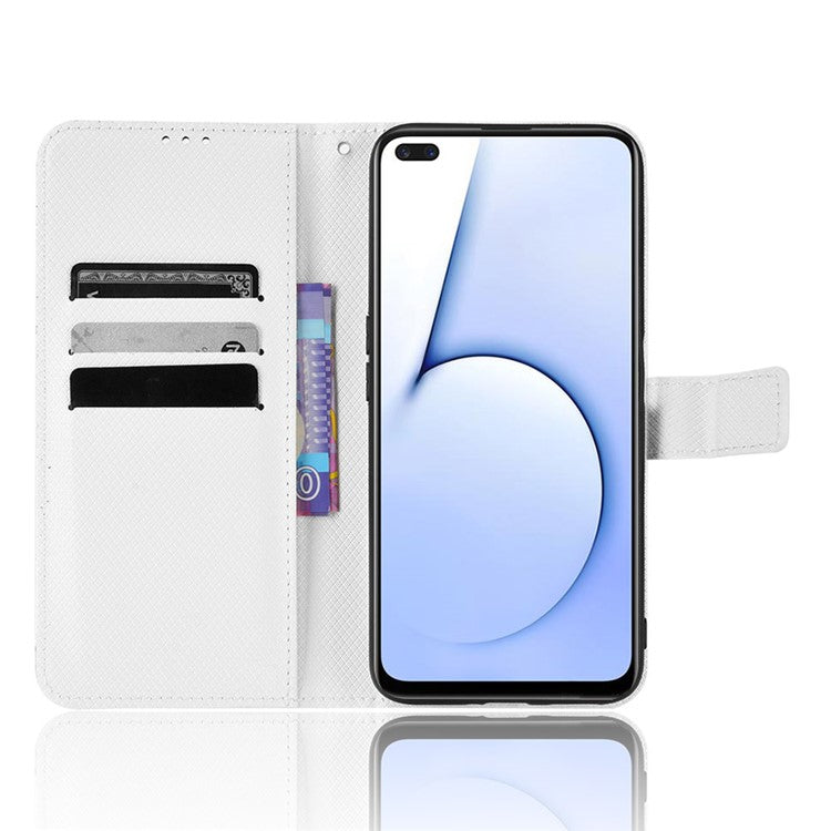 For Realme X50 5G/Realme X3 Diamond Texture Phone Case Cover Shockproof PU Leather Wallet Stand Cell Phone Shell with Strap - White