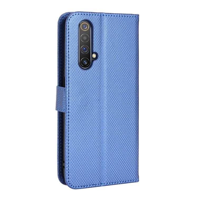 For Realme X50 5G/Realme X3 Diamond Texture Phone Case Cover Shockproof PU Leather Wallet Stand Cell Phone Shell with Strap - Blue
