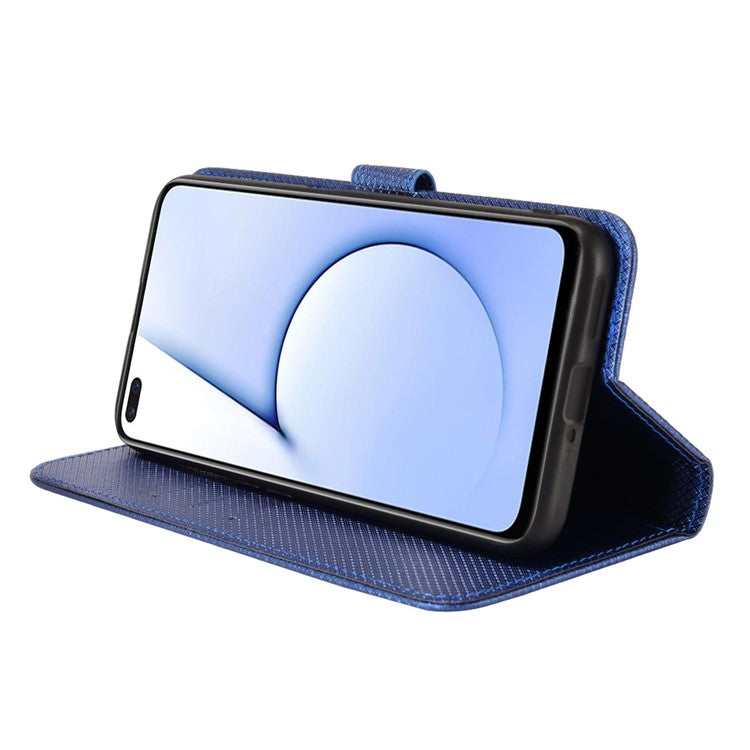 For Realme X50 5G/Realme X3 Diamond Texture Phone Case Cover Shockproof PU Leather Wallet Stand Cell Phone Shell with Strap - Blue