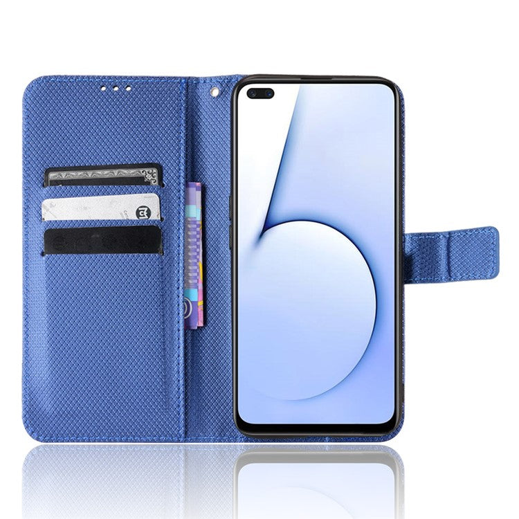 For Realme X50 5G/Realme X3 Diamond Texture Phone Case Cover Shockproof PU Leather Wallet Stand Cell Phone Shell with Strap - Blue