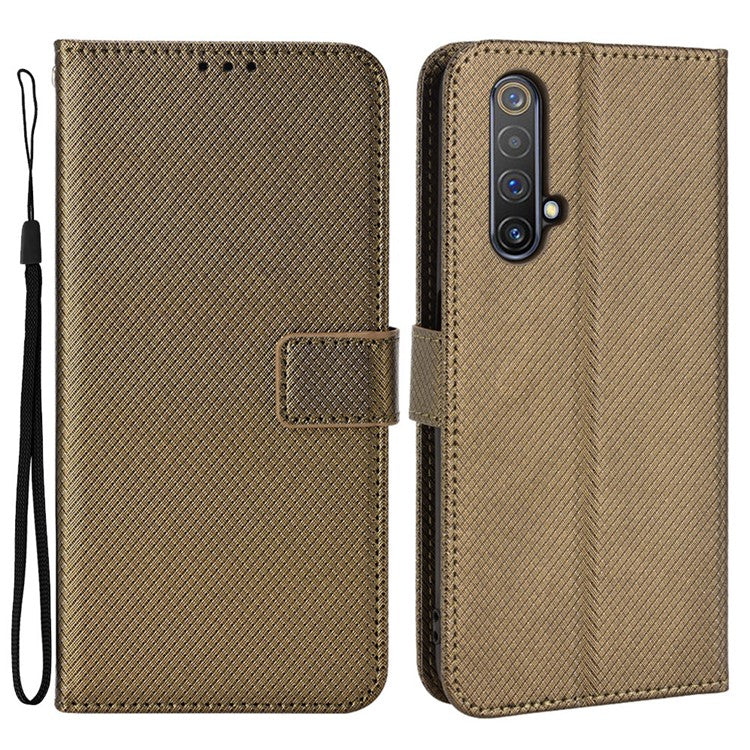 For Realme X50 5G/Realme X3 Diamond Texture Phone Case Cover Shockproof PU Leather Wallet Stand Cell Phone Shell with Strap - Brown