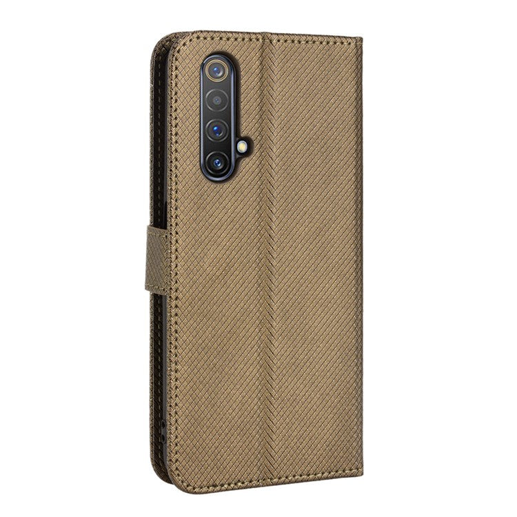 For Realme X50 5G/Realme X3 Diamond Texture Phone Case Cover Shockproof PU Leather Wallet Stand Cell Phone Shell with Strap - Brown