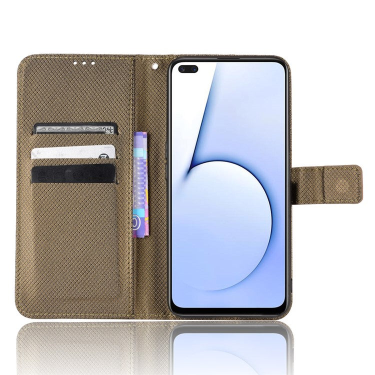 For Realme X50 5G/Realme X3 Diamond Texture Phone Case Cover Shockproof PU Leather Wallet Stand Cell Phone Shell with Strap - Brown