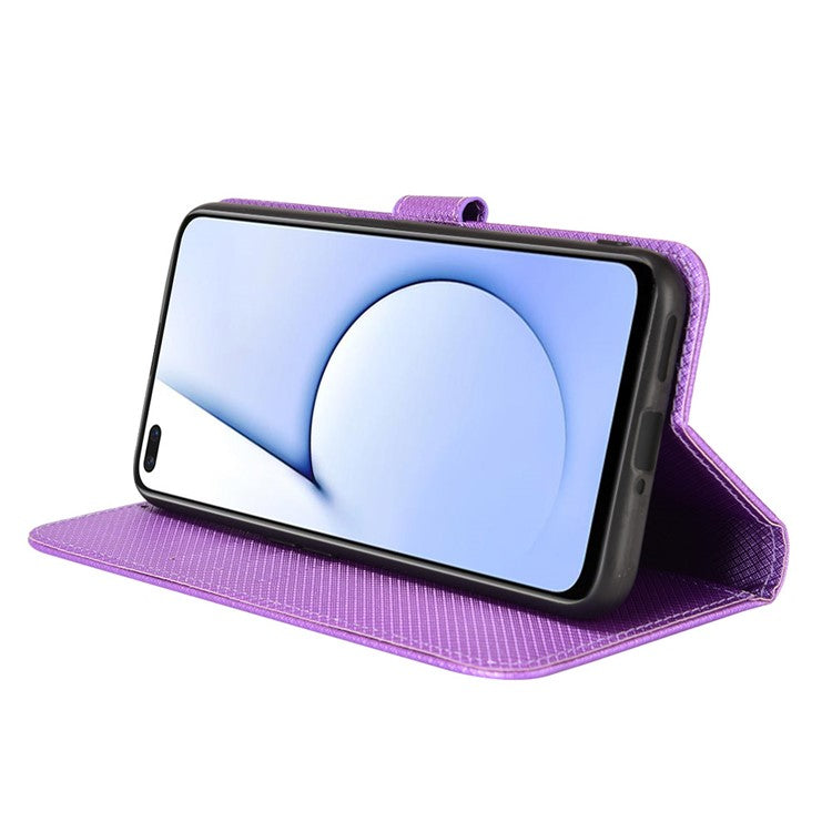 For Realme X50 5G/Realme X3 Diamond Texture Phone Case Cover Shockproof PU Leather Wallet Stand Cell Phone Shell with Strap - Purple