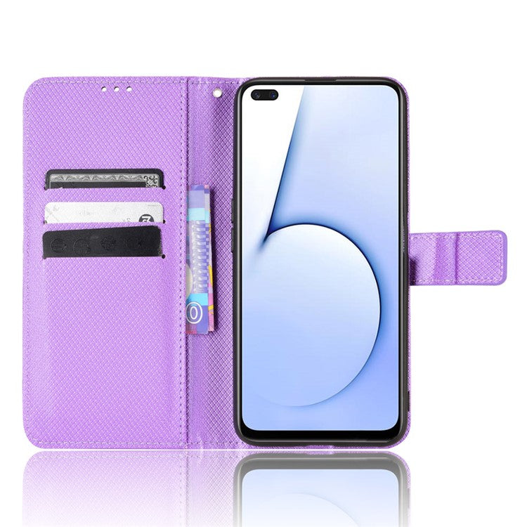 For Realme X50 5G/Realme X3 Diamond Texture Phone Case Cover Shockproof PU Leather Wallet Stand Cell Phone Shell with Strap - Purple